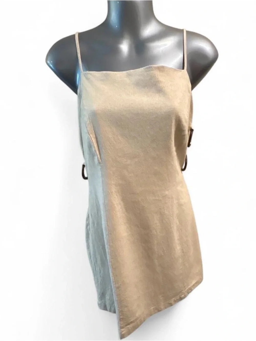 $148 Anthropologie Smocked Linen Cream Mini Dress with Side Ring Details M - Picture 3 of 8